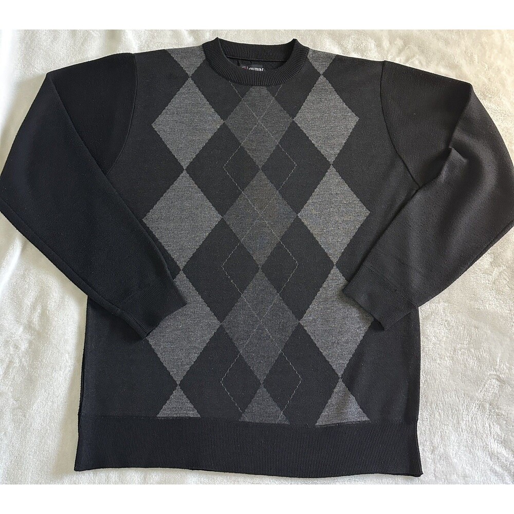 Vintage Culture Argyle Sweater Mens L Black Gray Knit Crewneck 90s Skate Grunge